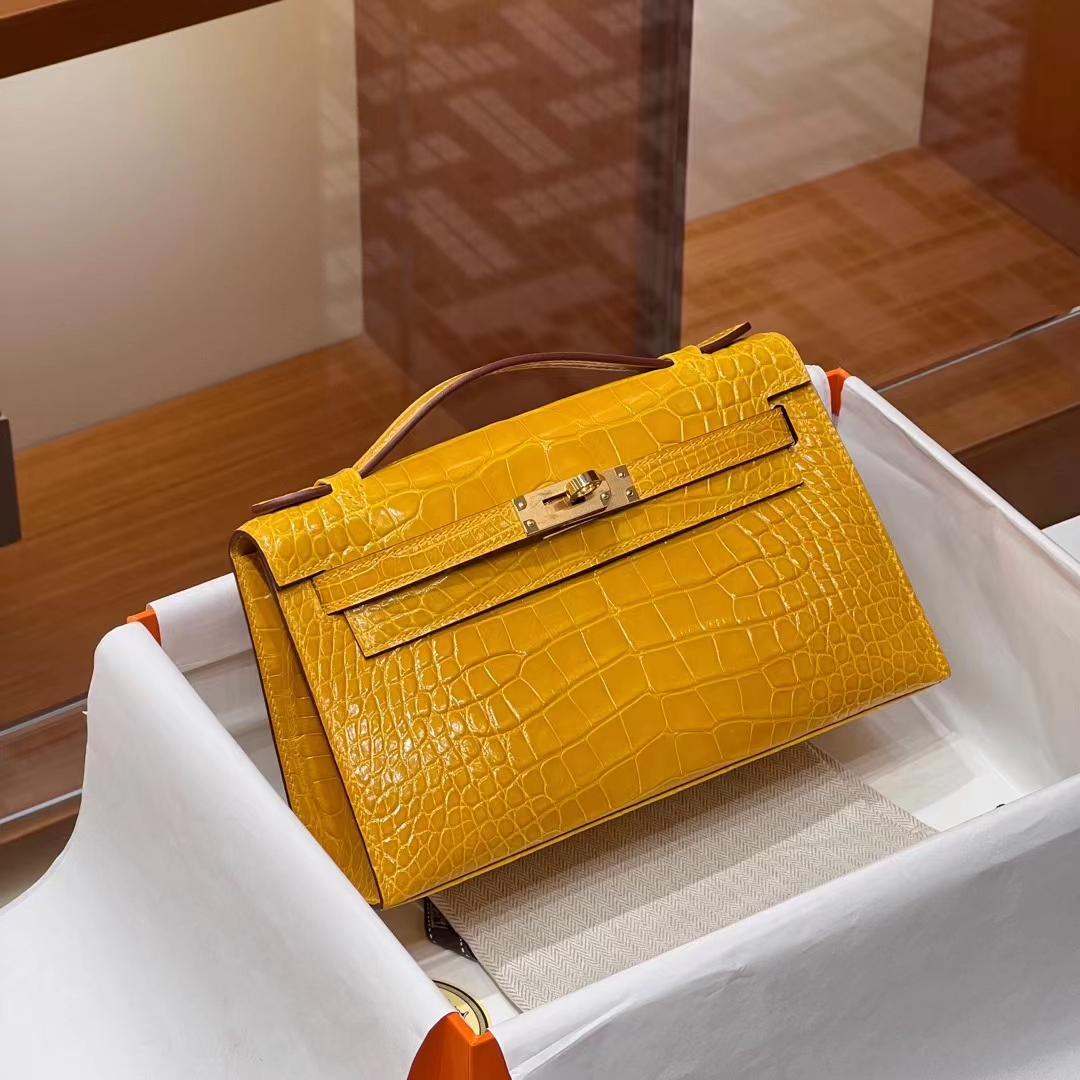 HERMES Kelly pochetto 22cm 9D  Alligator GOLD Hardware HandMade