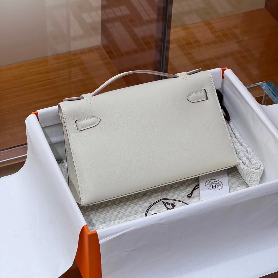 HERMES Kelly Pochette 10 Craie Swift Silvery Full handmade Kelly fatory