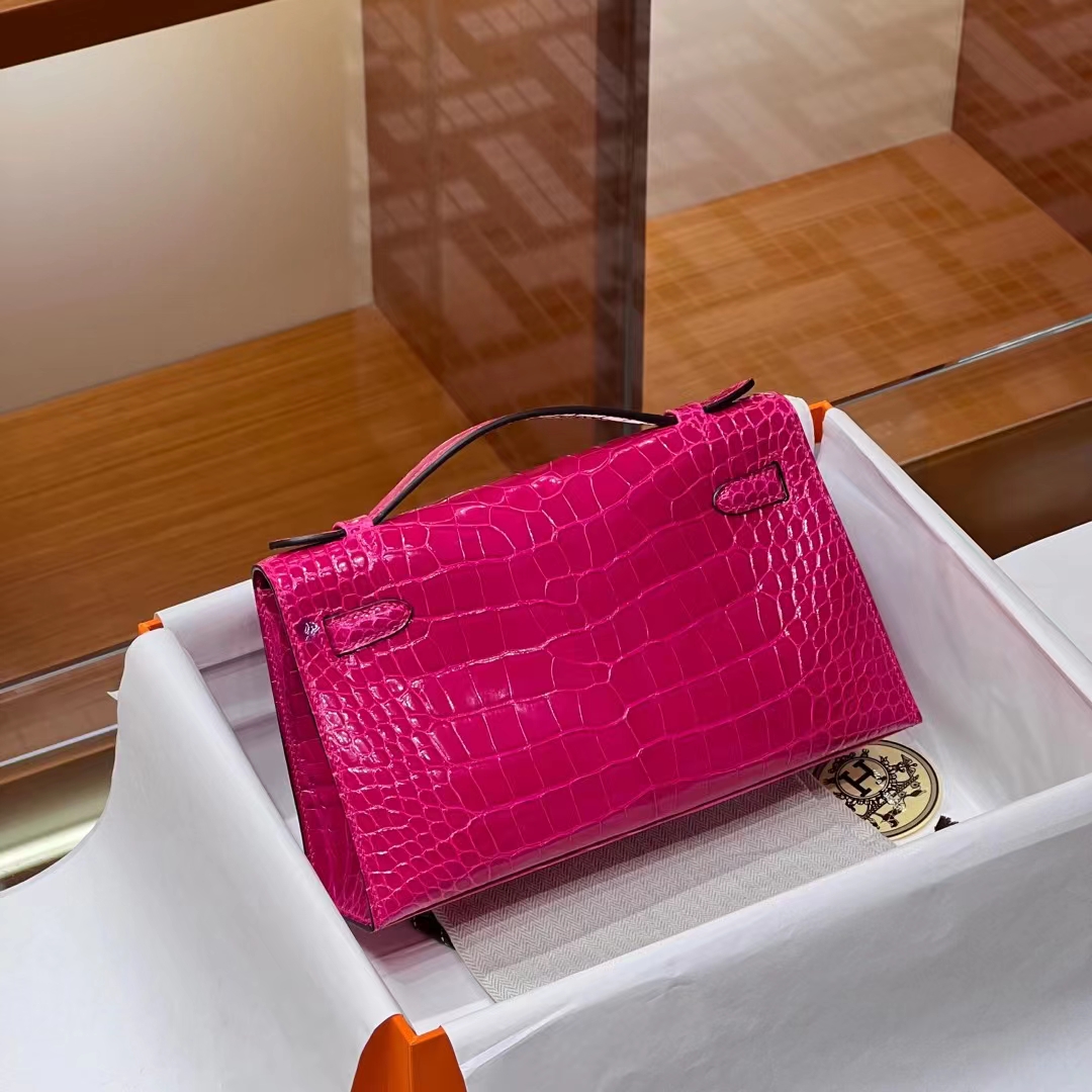 HERMES Kelly pochetto 22cm 5J Fushsia Alligator GOLD Hardware HandMade