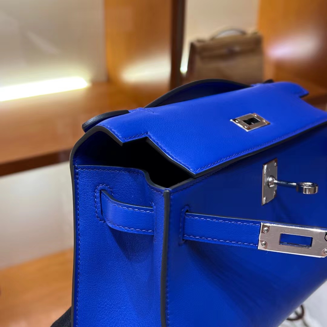 HERMES Kelly Pochette 22CM 7T Bleu electrique Swift SHW Full handmade fatory