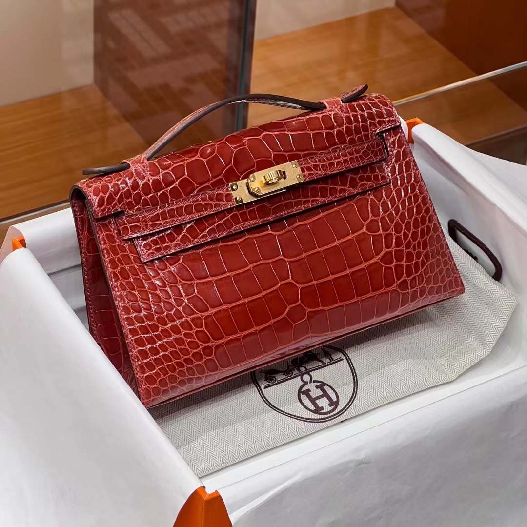 HERMES Kelly Pochette Alligator 4E sienne Full handmade 22x14x7cm 【God Factory】 Factory