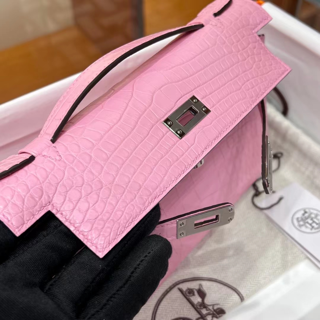 HERMES Kelly Pochette Alligator 5P Pink Full handmade 22x14x7cm 【God Factory】 Factory
