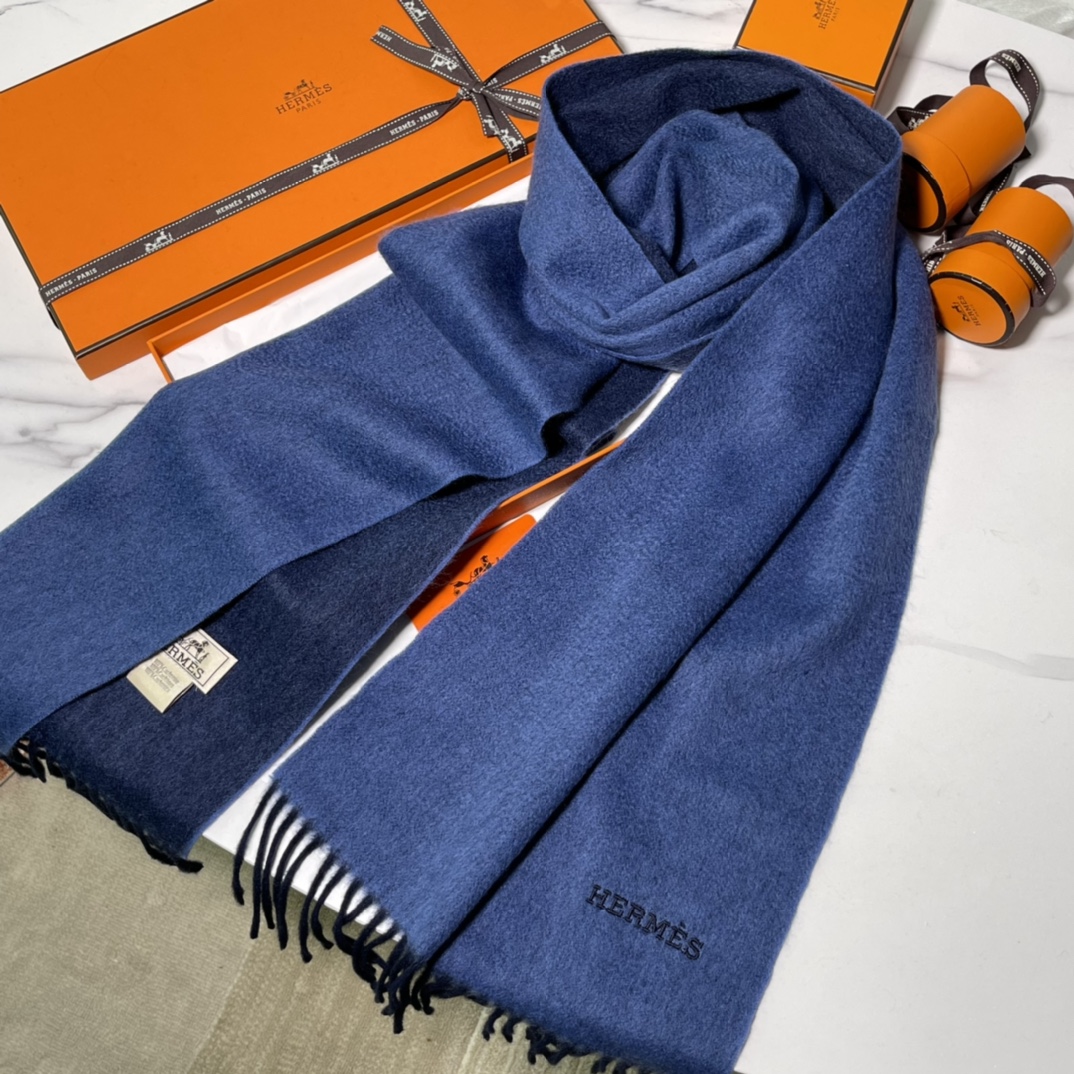 HERMES Cashmere Scarf Z7 Bleu Ocean Fatory 30*180cm