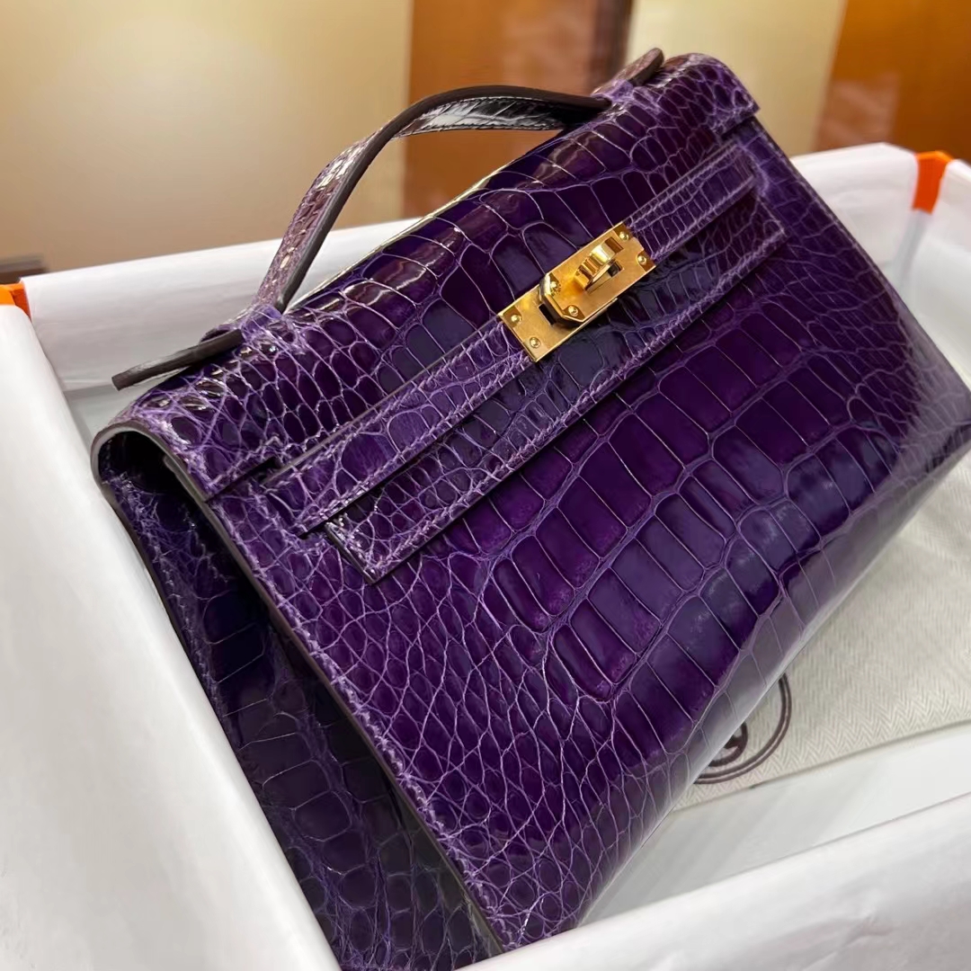 HERMES Kelly pochetto 22cm 9G Amethyste Alligator GOLD Hardware HandMade