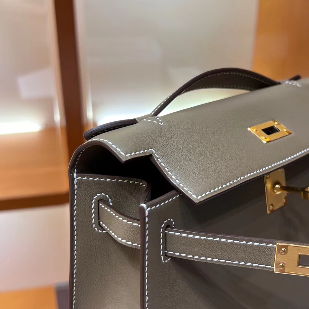 HERMES Kelly Pochette 8C Gri Elephant Swift Full handmade Kelly fatory
