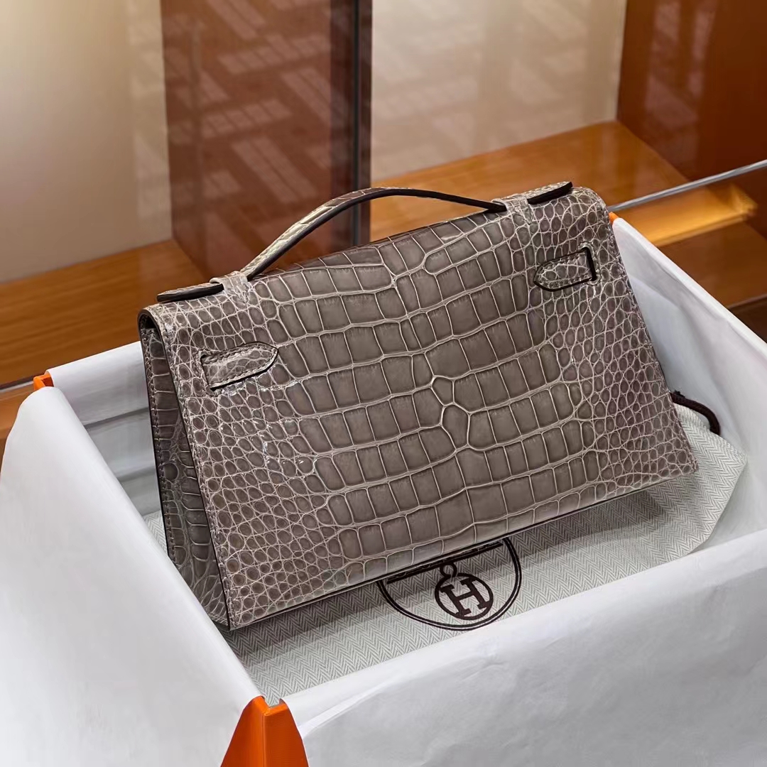 HERMES Kelly pochetto 22cm 8C Gri Elephant  Alligator GOLD Hardware HandMade