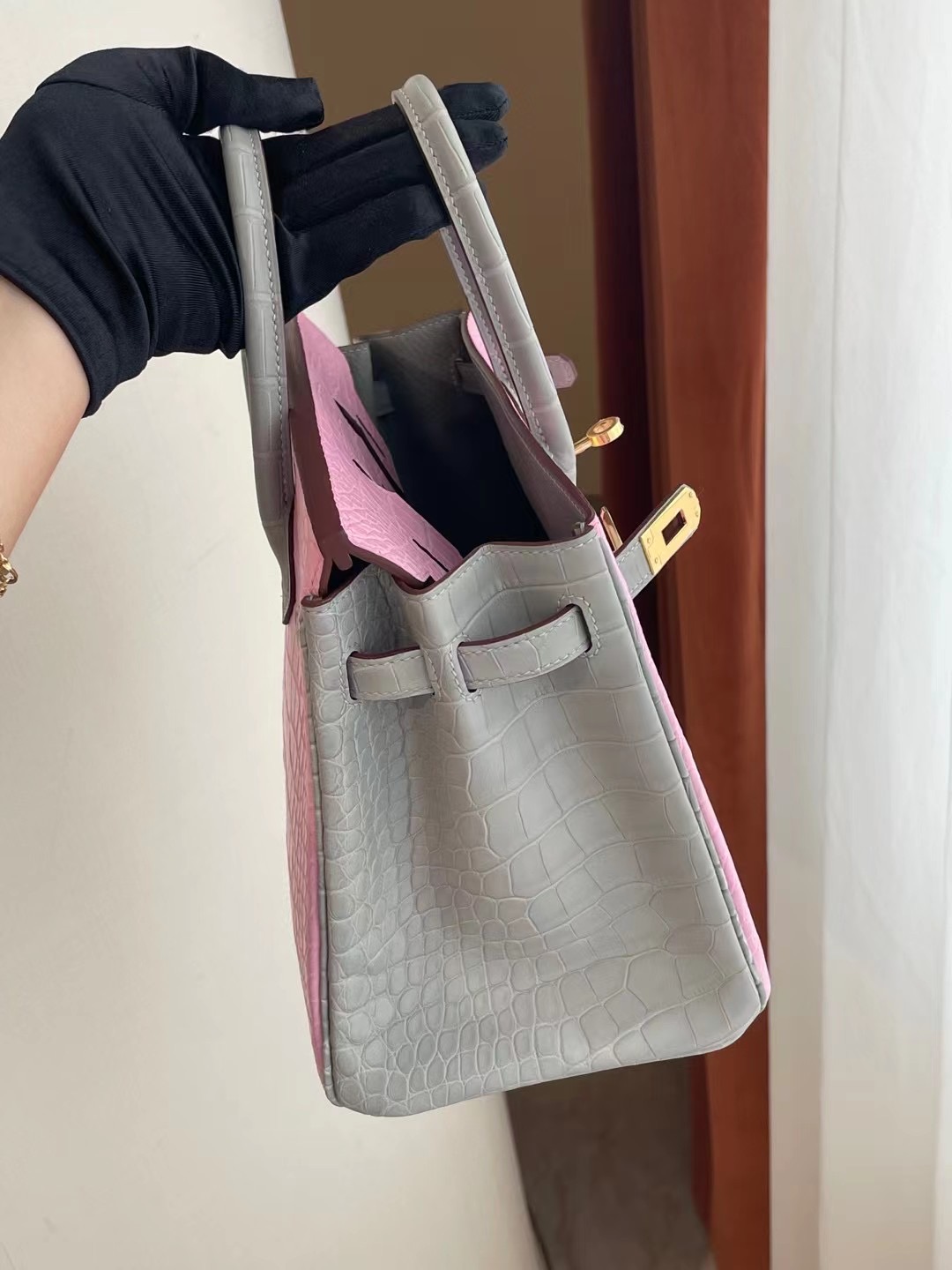 Hermes Birkin 25CM 5P Pink 80 Gris Perle Matte Alligator Crocodile