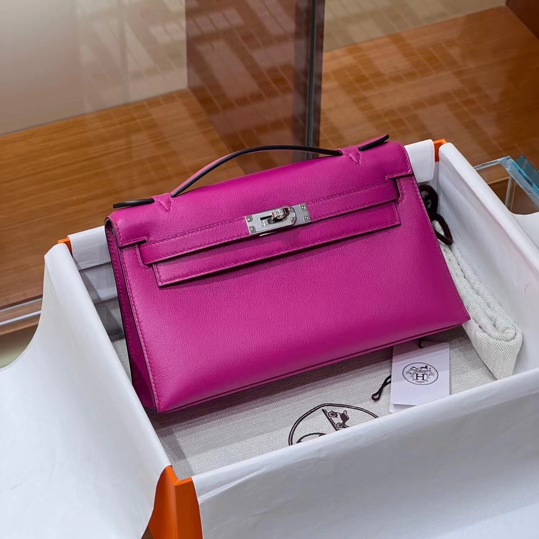 HERMES Kelly Pochette 22CM 5J Fushsia Swift SHW Full handmade fatory