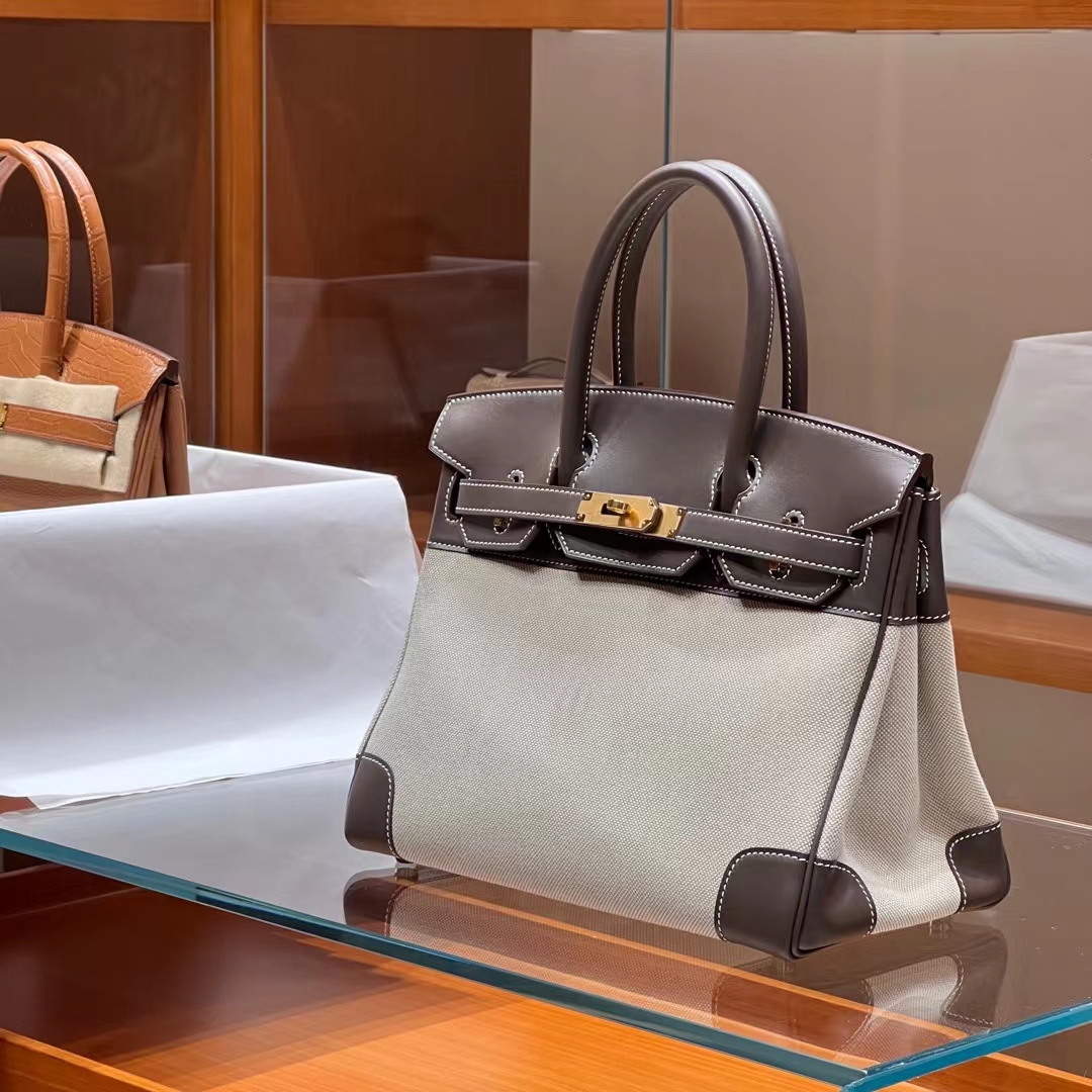 HERMES Birkin 30CM Swift&Canvas 8C Gri Elephant Full handmade Factory
