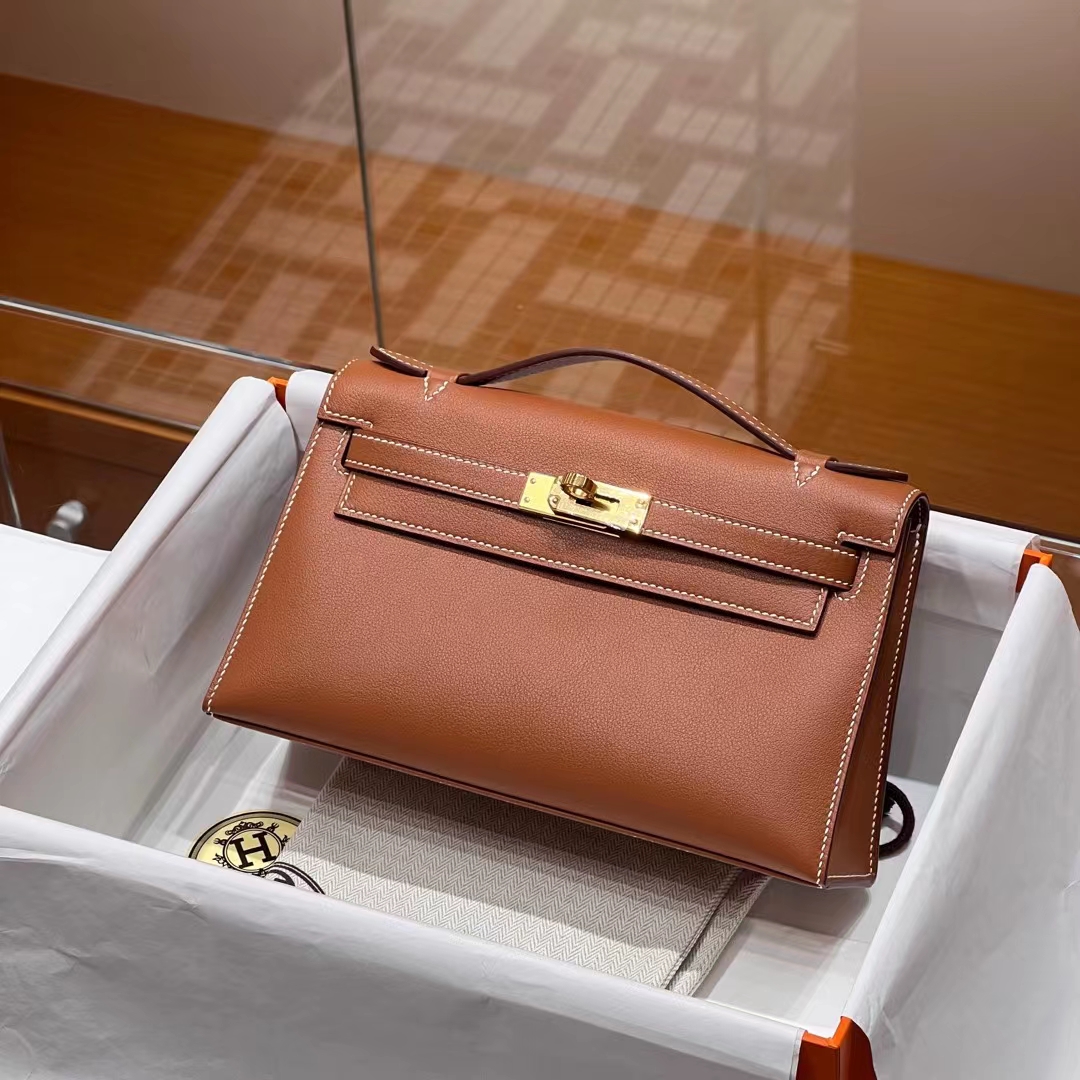 HERMES Kelly Pochette 22CM CK37 Gold Swift GHW Full handmade fatory