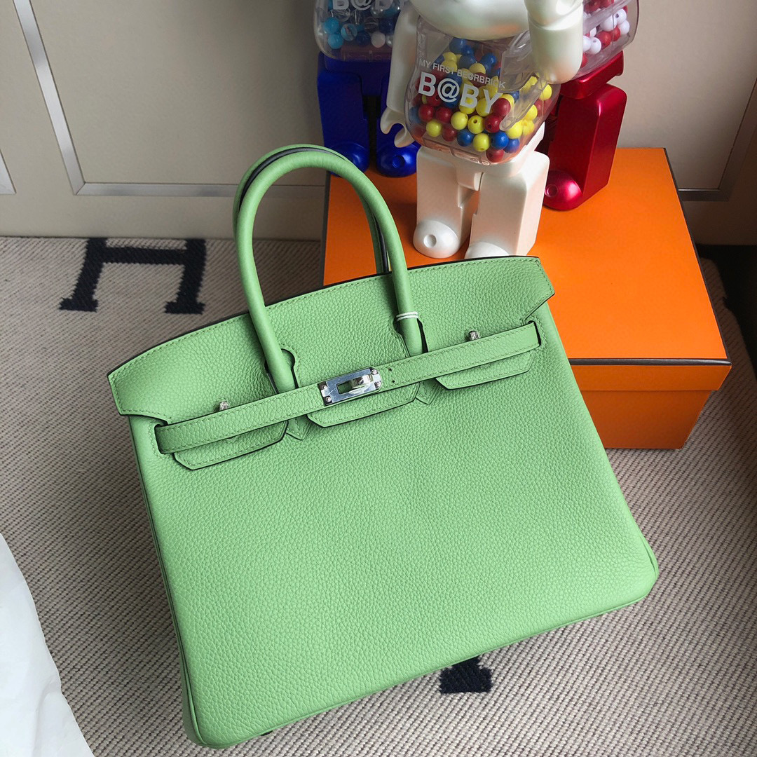 Hermes Birkin 25CM Togo Leather 3i Vert Criquet Silver Hardware HandMade
