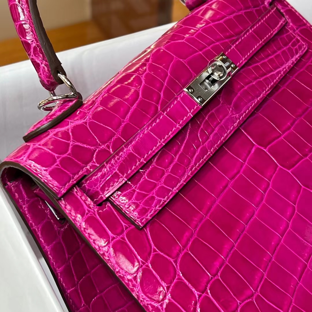 HERMES Kelly 25CM/28CM 5J Fushsia Alligator SHW Full handmade