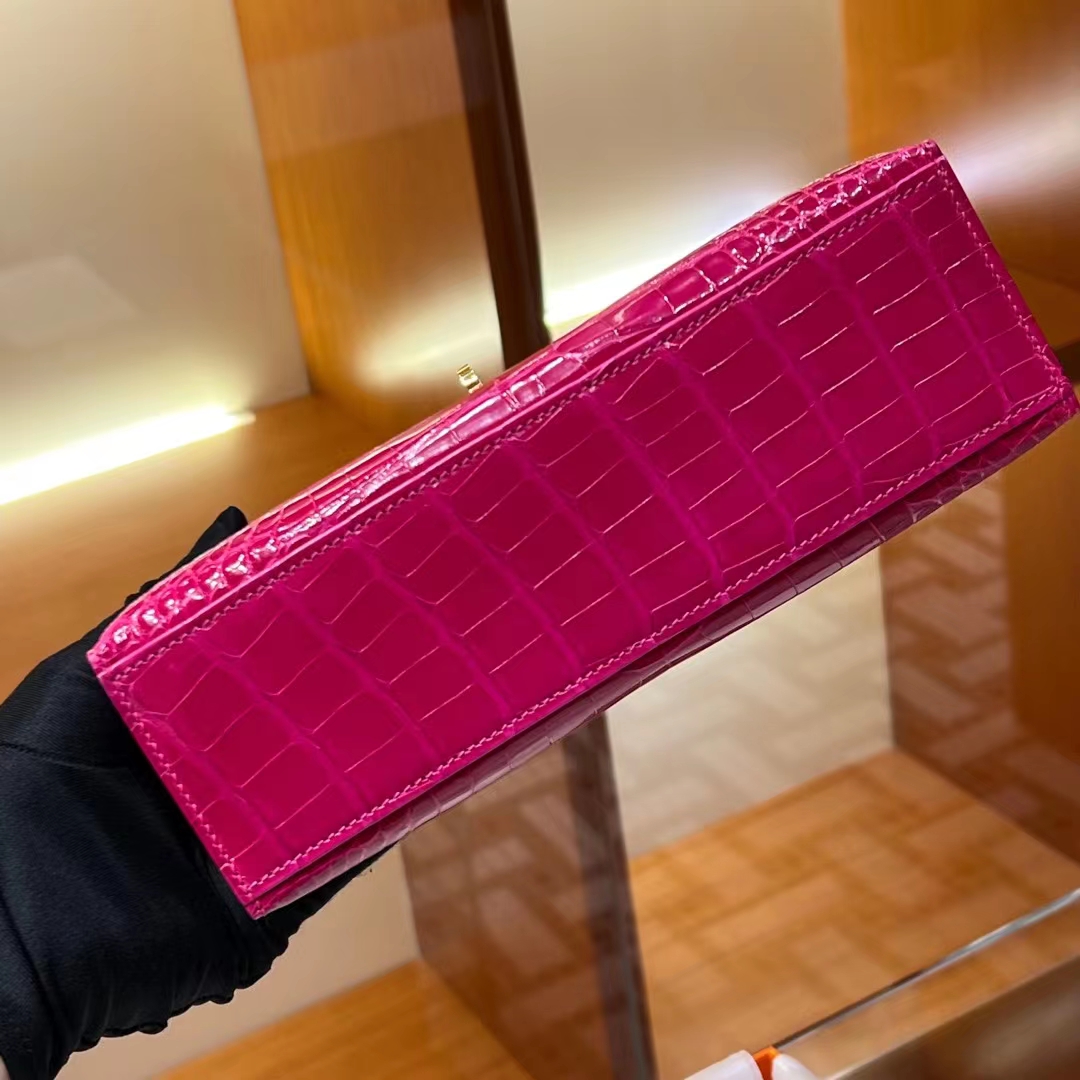 HERMES Kelly pochetto 22cm 5J Fushsia Alligator GOLD Hardware HandMade
