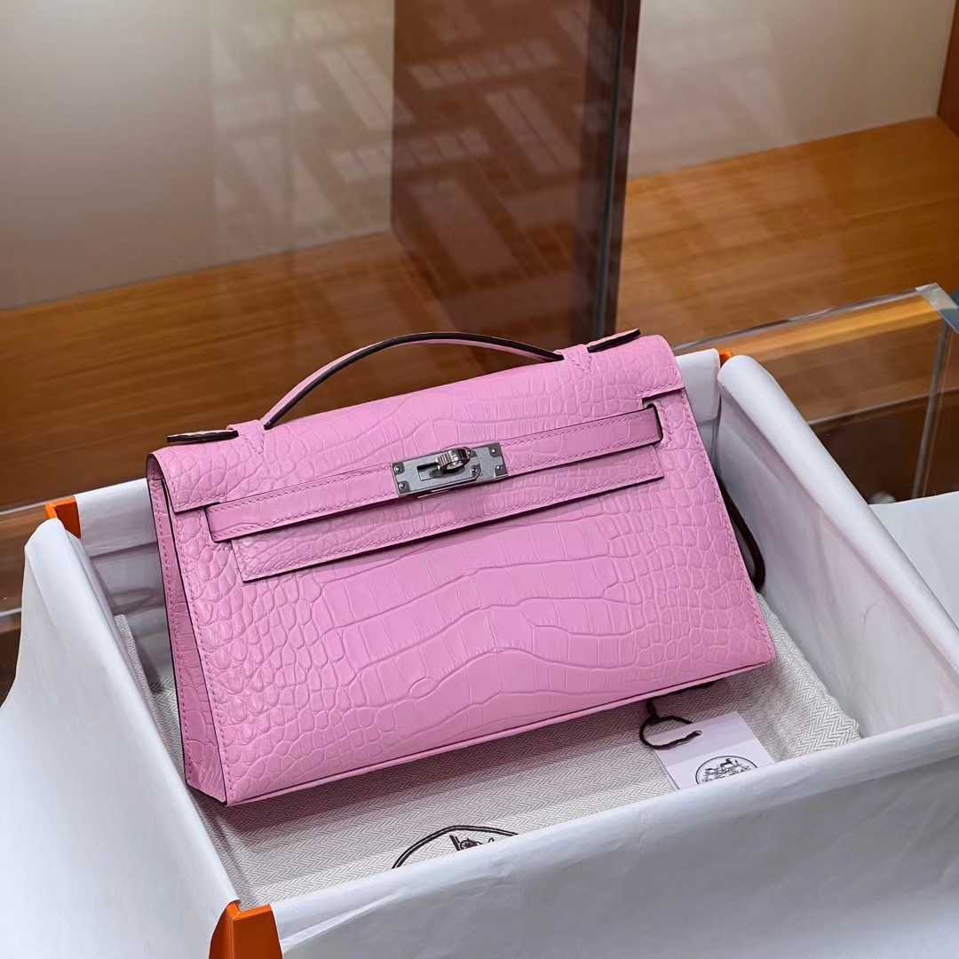 HERMES Kelly Pochette Alligator 5P Pink Full handmade 22x14x7cm 【God Factory】 Factory
