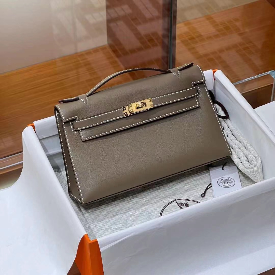 HERMES Kelly Pochette Swift 8C Gri Elephant  Full handmade 【God Factory】 Factory