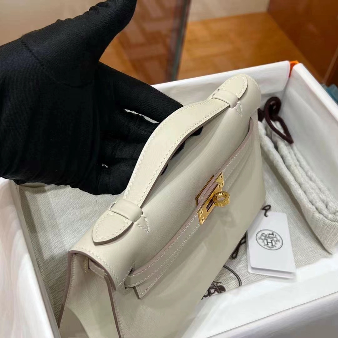 HERMES Kelly Pochette Swift Craie 10 Full handmade 【God Factory】 Factory