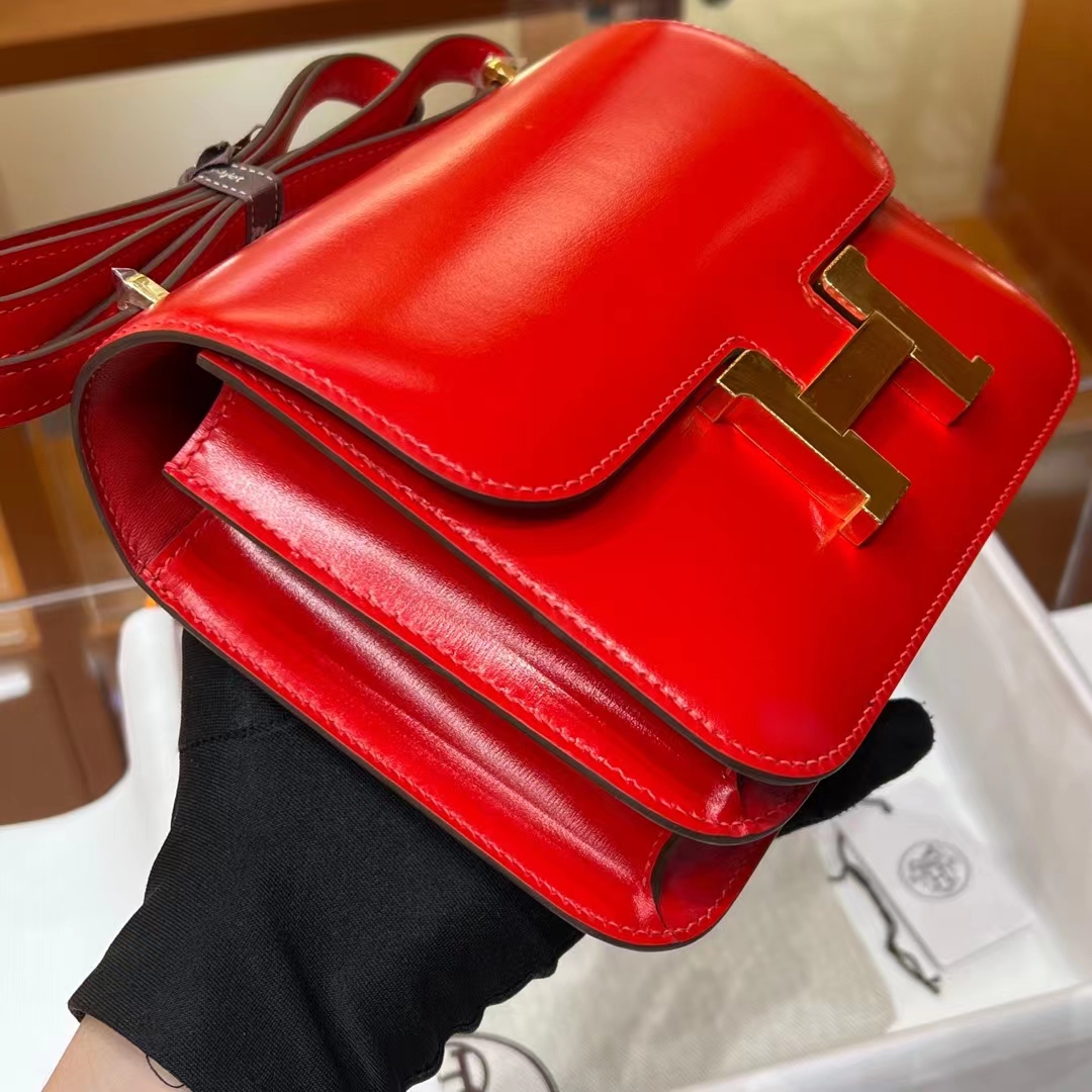 Constance 19CM S5 Rouge Tomate BOX Full handmade HERMES Fatory