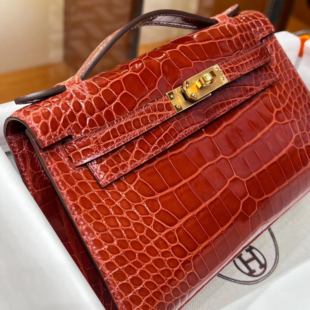 HERMES Kelly Pochette Alligator 4E sienne Full handmade 22x14x7cm 【God Factory】 Factory