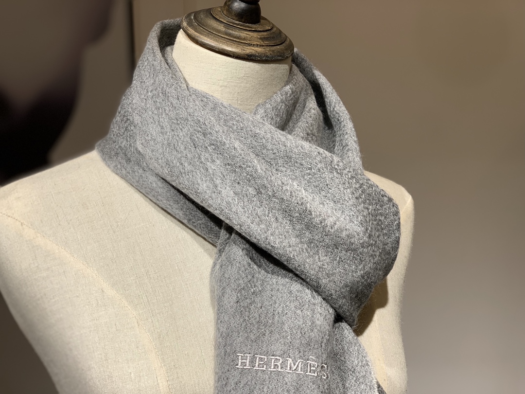 HERMES Cashmere Scarf 8M Gris Paris Fatory 30*180cm